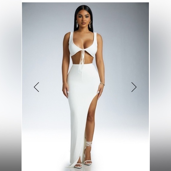 NAKED WARDROBE White High Rise Fitted Maxi Skirt w/ Rounded Slit DoubleLined - Picture 4 of 7